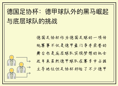德国足协杯：德甲球队外的黑马崛起与底层球队的挑战
